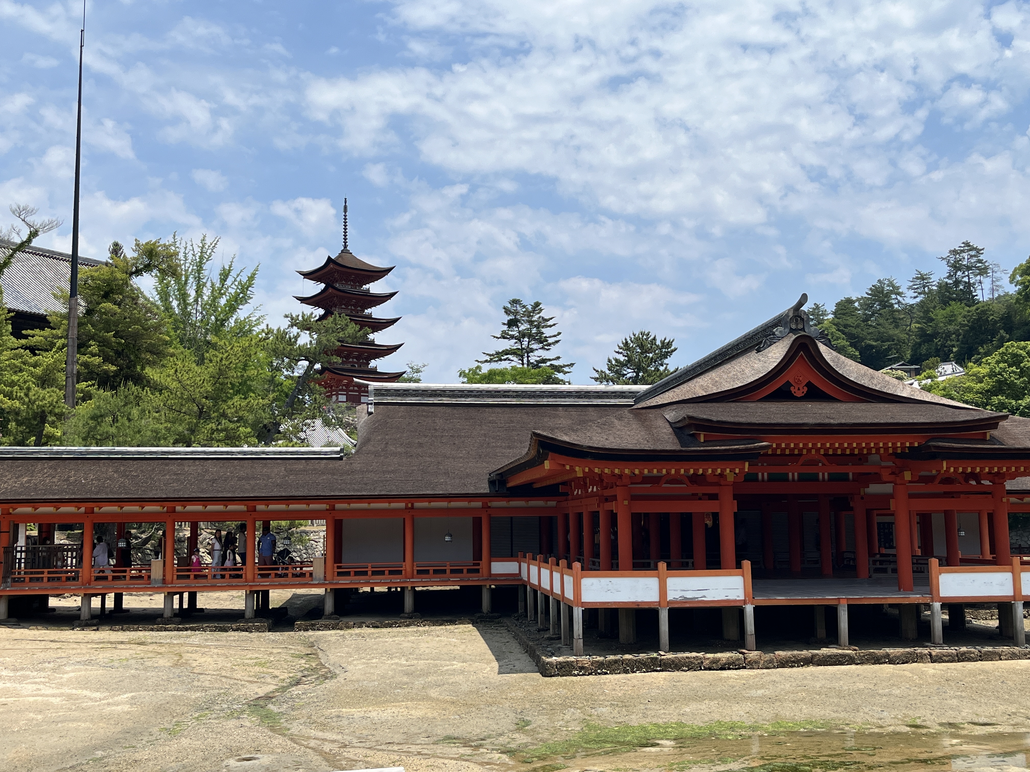 The ferry approach to Miyajima—the Ōtorii gate visible before the island resolves