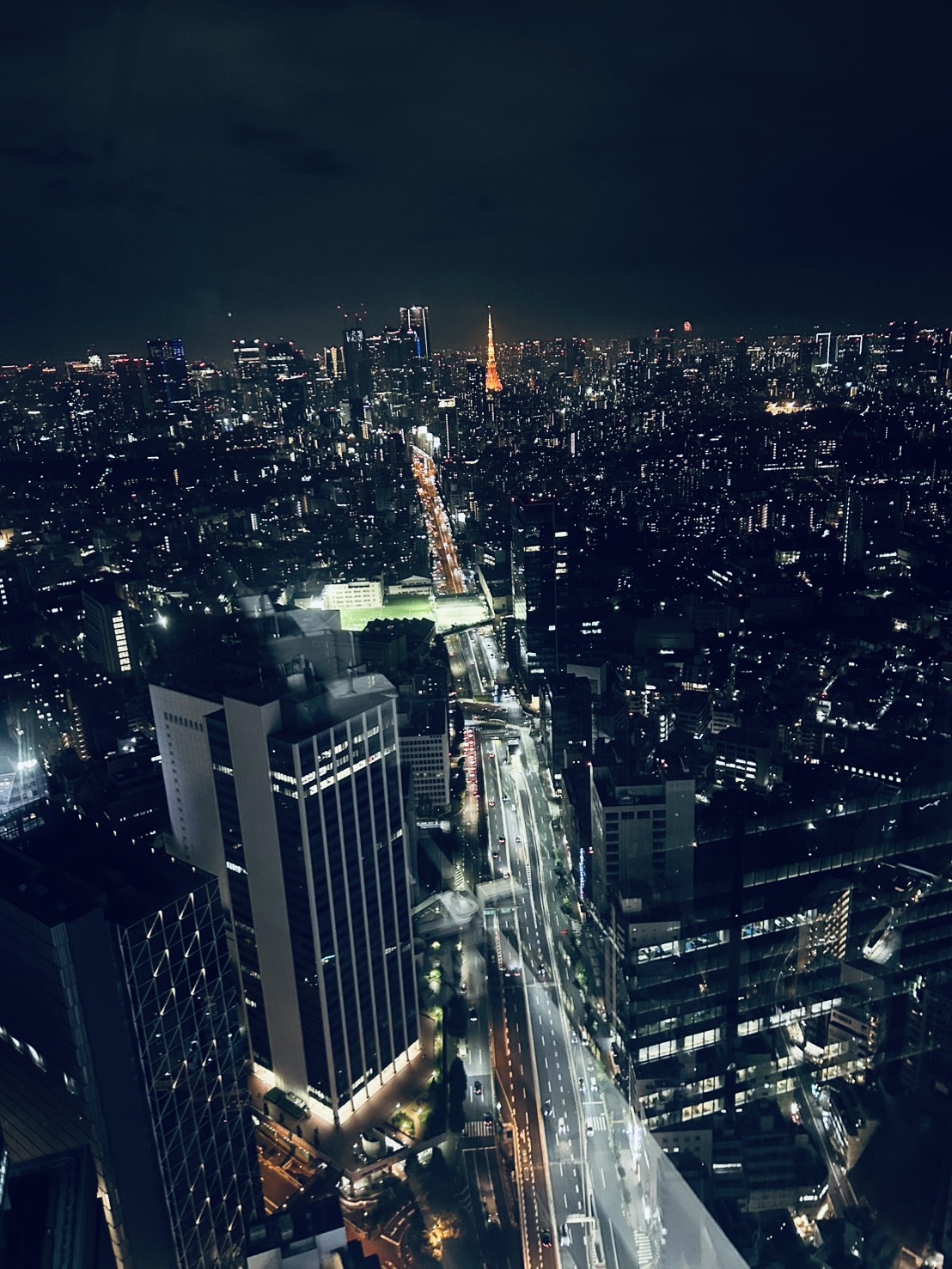 The Shibuya Scramble Crossing from 229 meters—the crossing's flow patterns become legible only from above